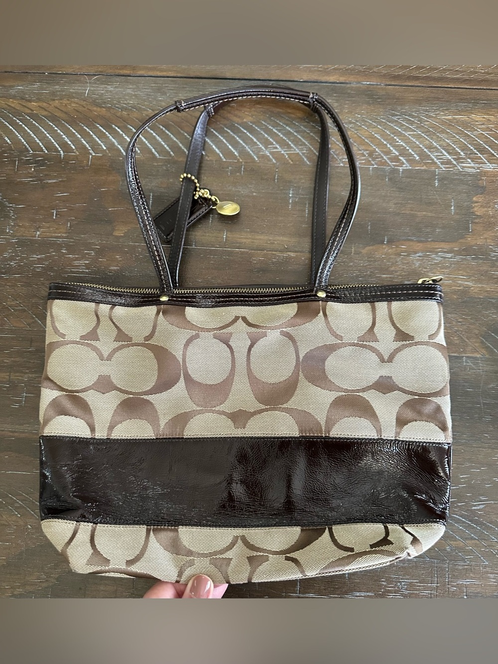 Coach Beige and Brown Signature Canvas Tote with Dark Brown Patent Leather Trim